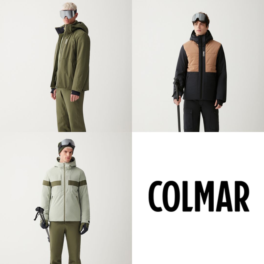Männer mit verschiedenen Skianzügen vor beigem Hintergrund mit Colmar-Logo