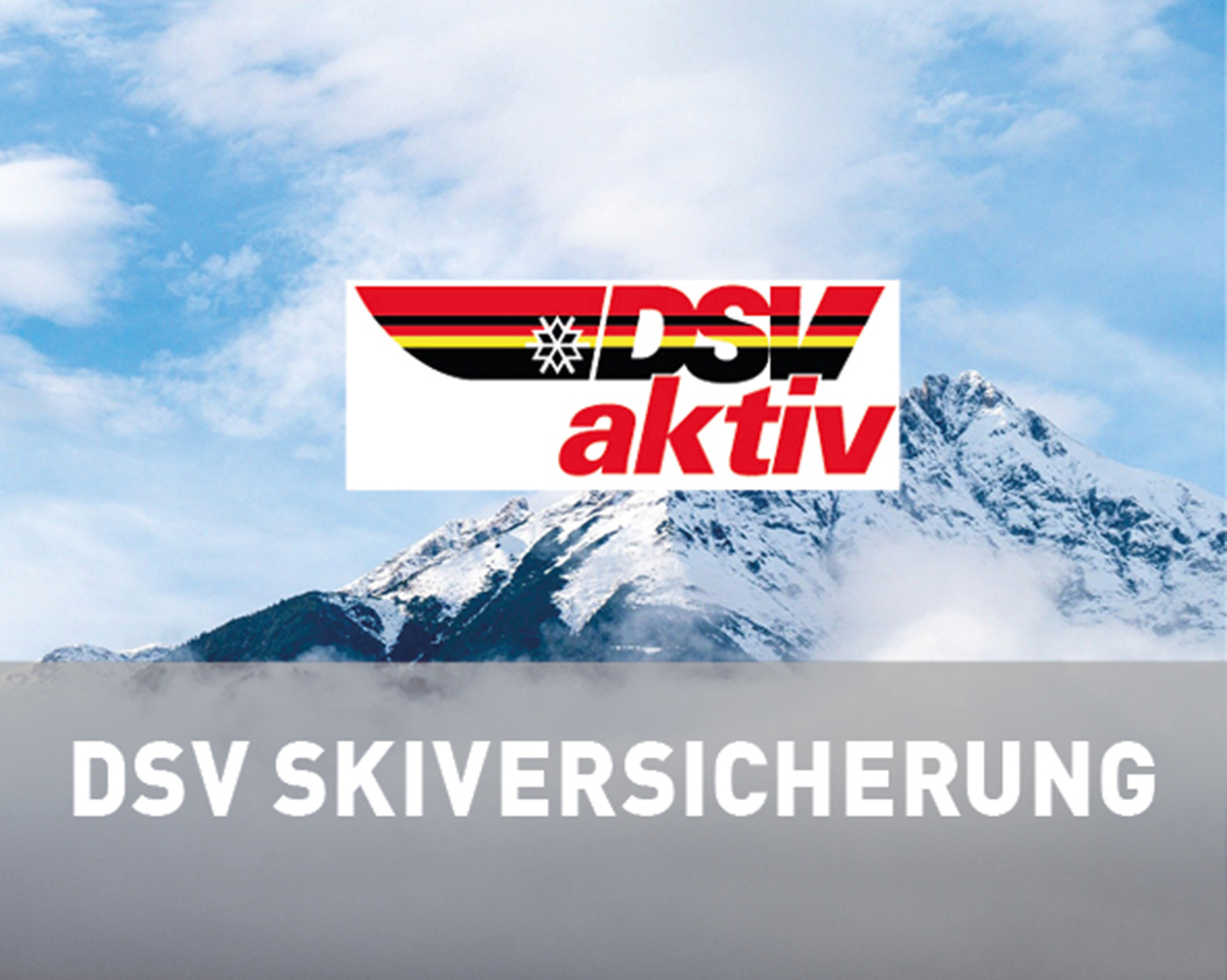 DSV Logo vor schneebedecktem Berg DSV Skiversicherung
