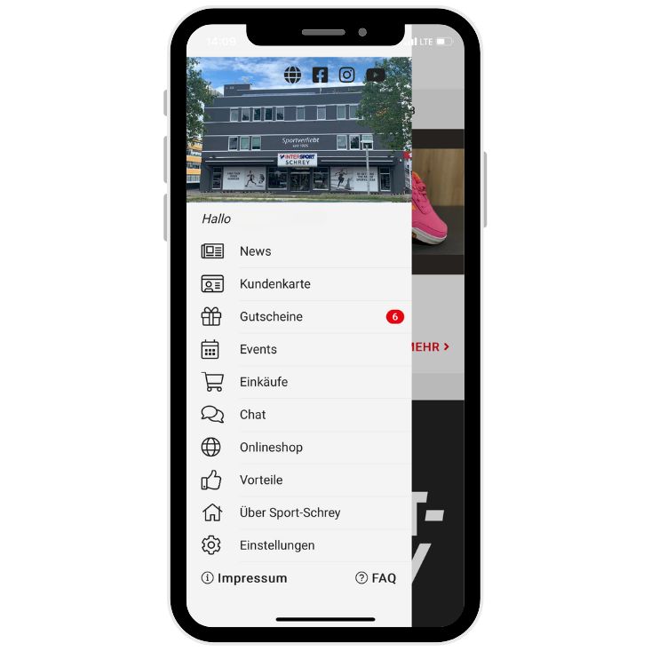 Smartphone mit Start-Bildschirm der Sport-Schrey App