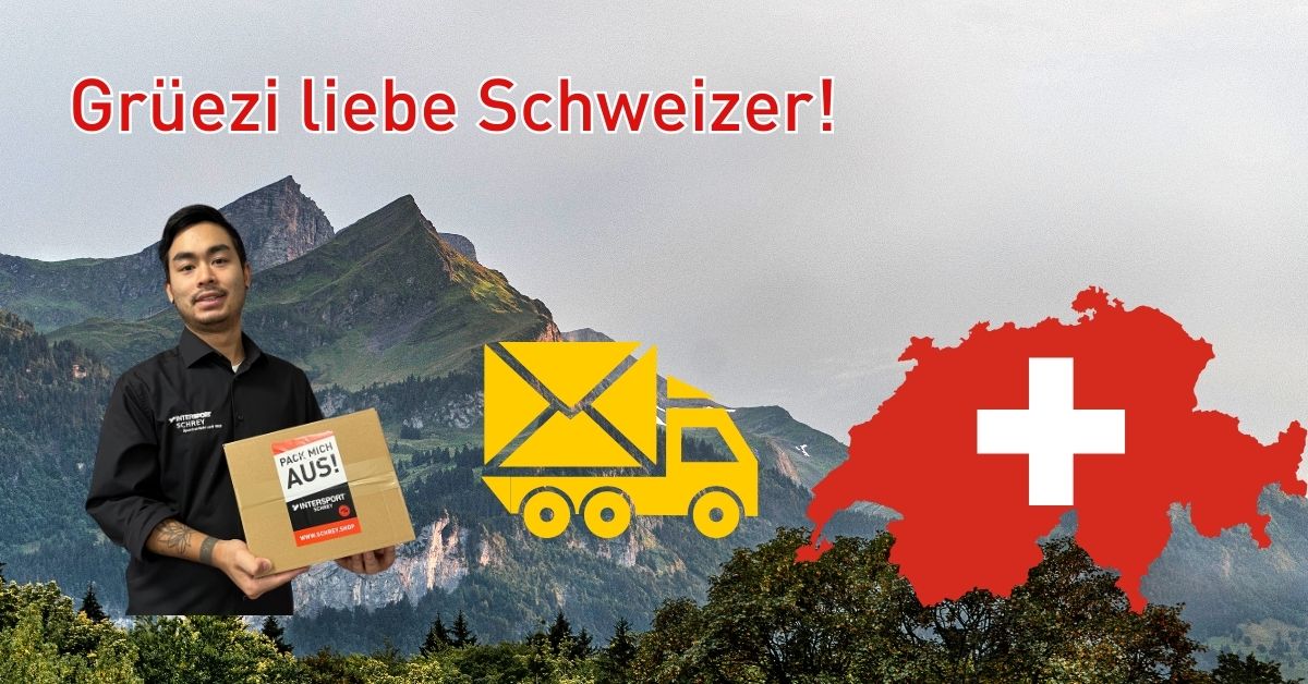 Banner mit Bergpanorama, Person mit  Paket,  Lastwagen  und Schweiz