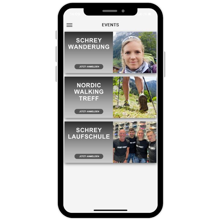 Smartphone mit App-Seite Events der Sport-Schrey App