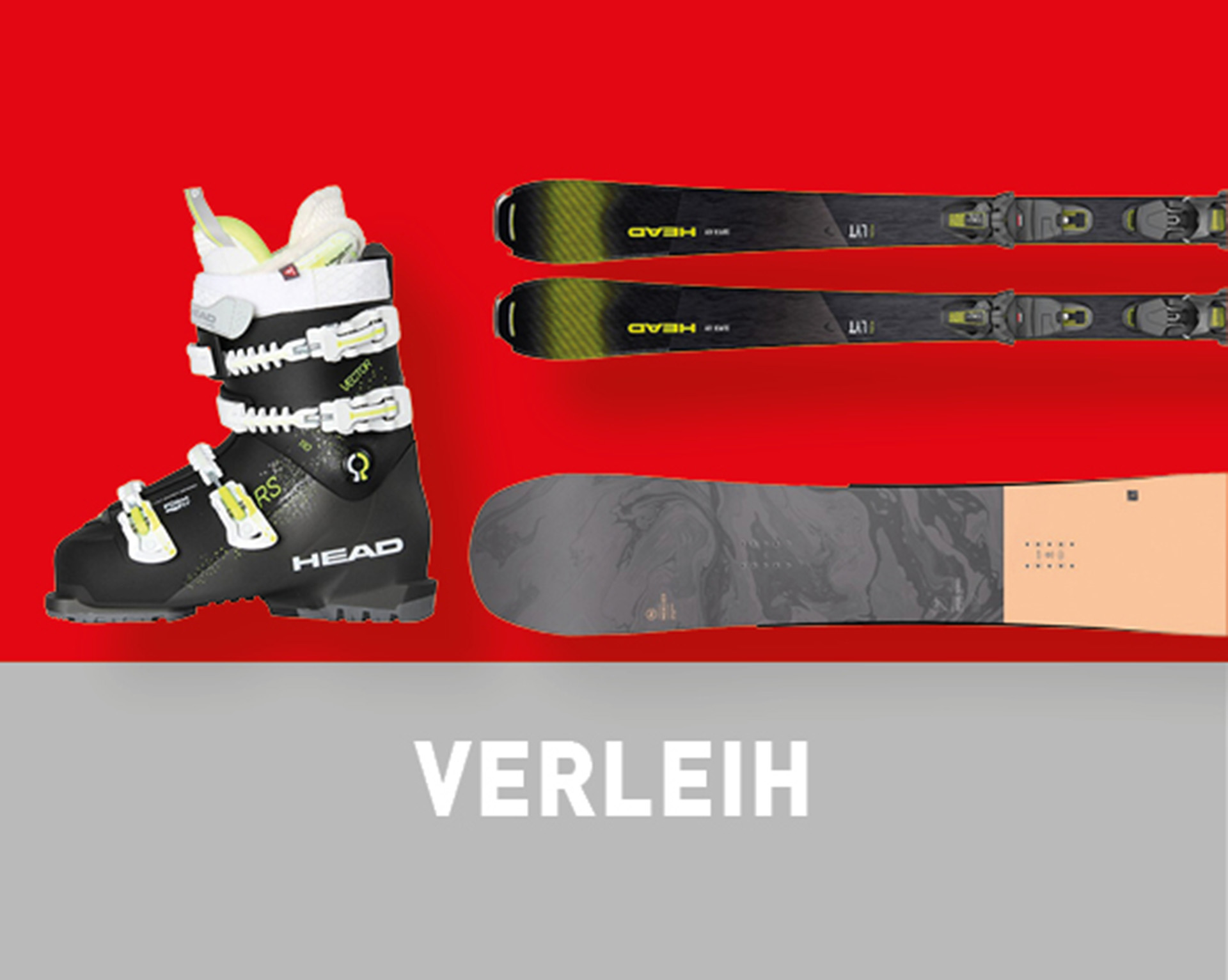 Ski Snowboard und Skistiefel vor roter Farbfläche Verleih